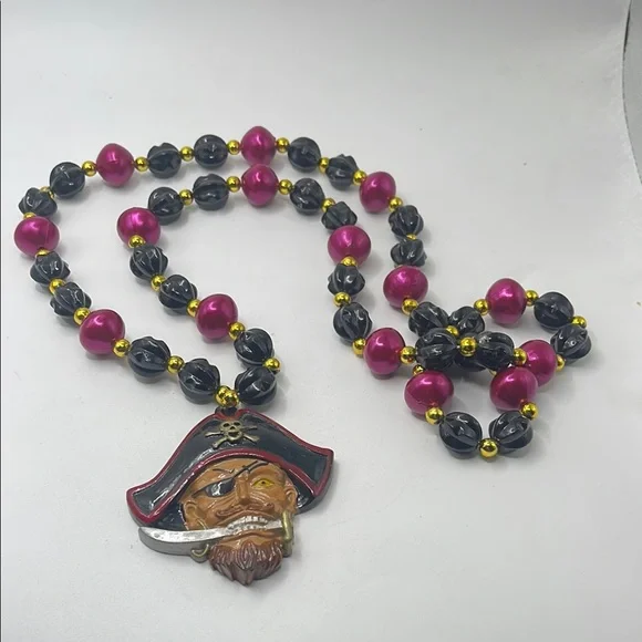 Pirate Pendant Necklace with Pink and Black Beads - Picture 1 of 4
